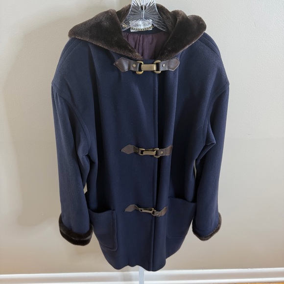 Ashley Scott Jackets & Blazers - Ashley Scott navy hooded duffle coat faux fur trim wool blend made in usa